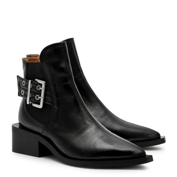 EUC - GANNI Black Patent Leather Buckle Chelsea Moto Booties- Sz 37 - Picture 1 of 6